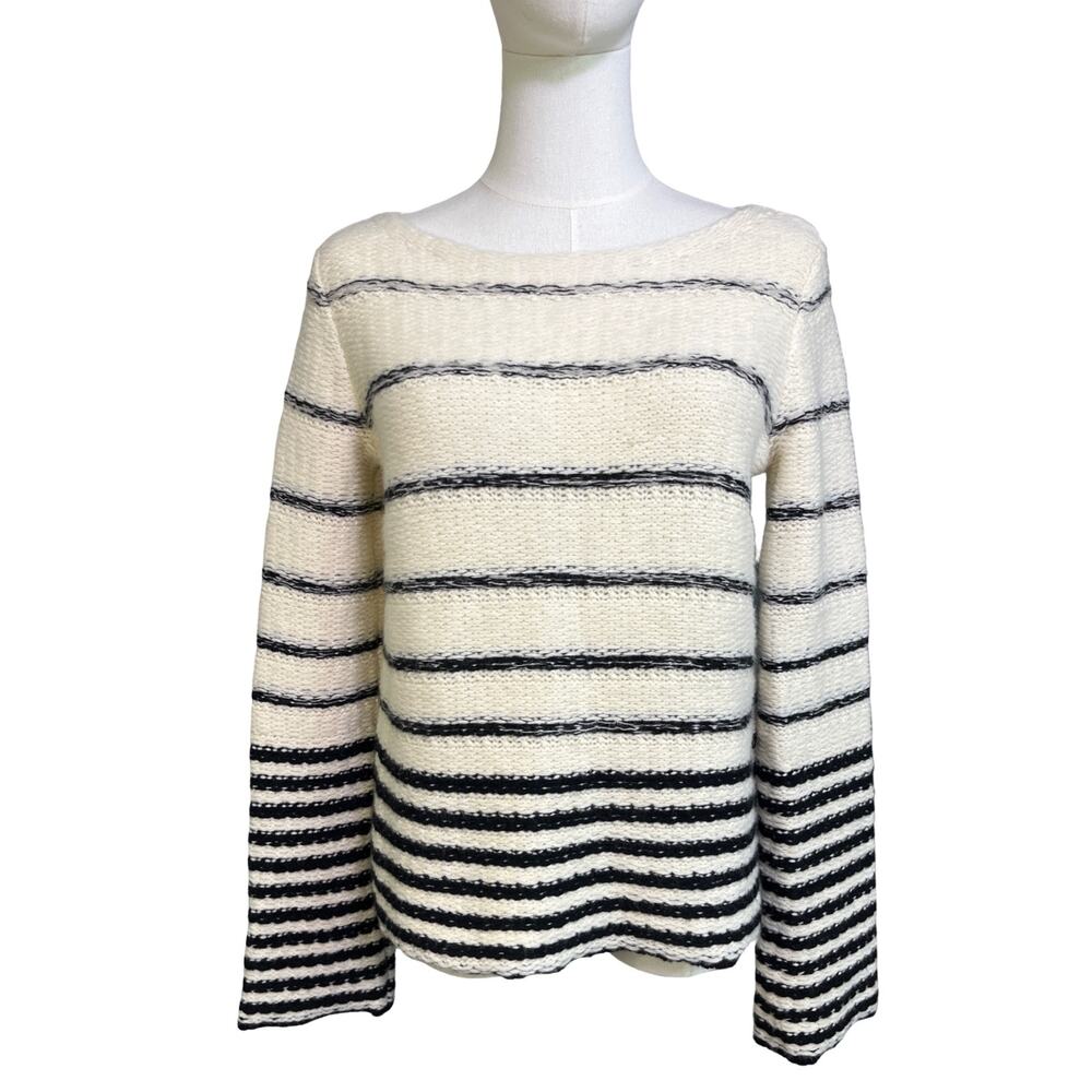 Theory Wool Cashmere Uneven Stripe Sweater Womens Small Ivory Black Knit